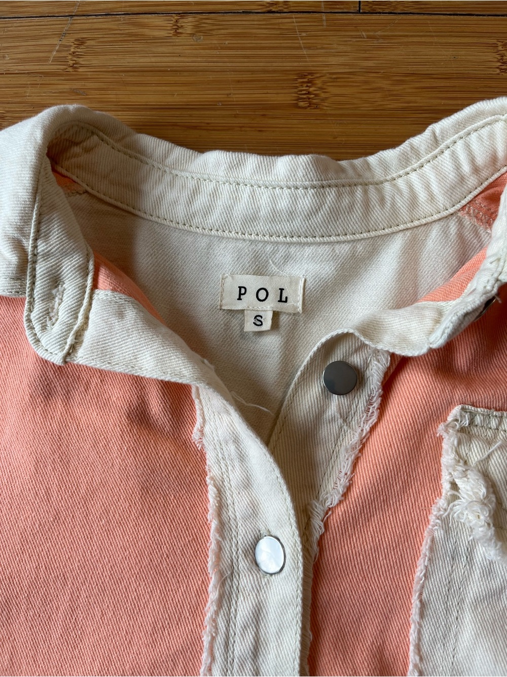 POL Pink & Cream Long Sleeve Tiered Denim Dress Western Boho Frayed Hem - Picture 6 of 11